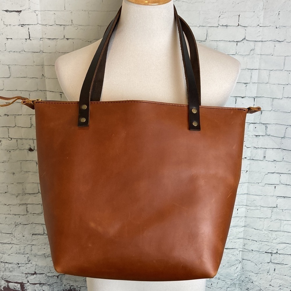 Portland Leather Goods Zip Top Tote Bag Artisan Leather Handbag Brown Medium - Picture 6 of 16